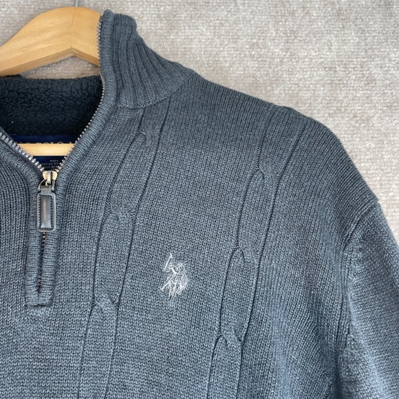 US Polo Assn Mens Quarter Zip Sweater Dark Gray Cable Knit Sherpa Lined XL - Picture 2 of 16